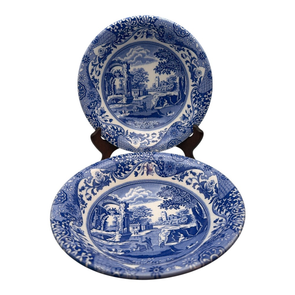 Spode Blue Italian 8" Diameter Rimmed Soup Pasta Bowls NWOT Set of 2